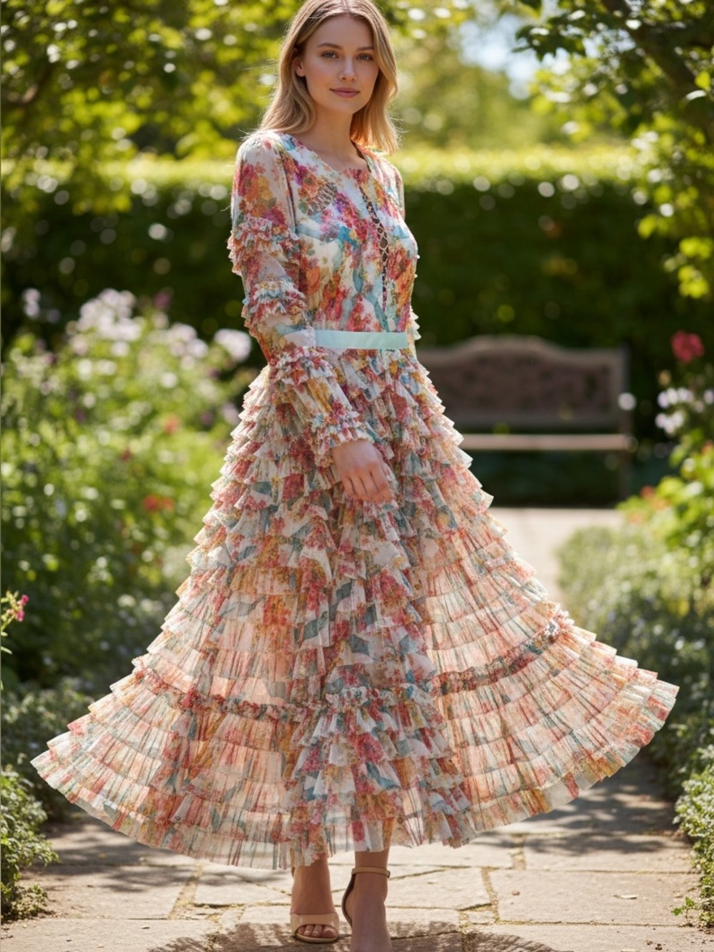 612. Mac Duggal Floral Ruffle Tiered Midi Dress in Pink, Yellow, Blue